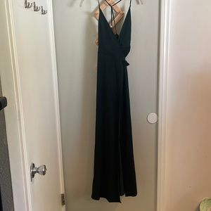 Emerald green satin wrap maxi